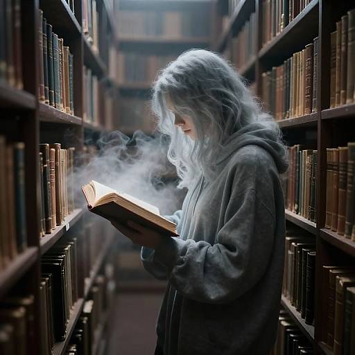 Photograph of a silver-haired, bearded person in a gray hoodie, surrounded by bookshelves, reading a book with visible steam.