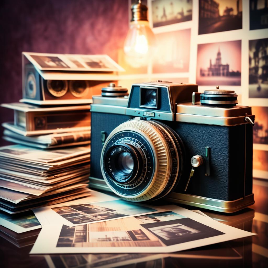 Vintage Camera with Postcards in Glow