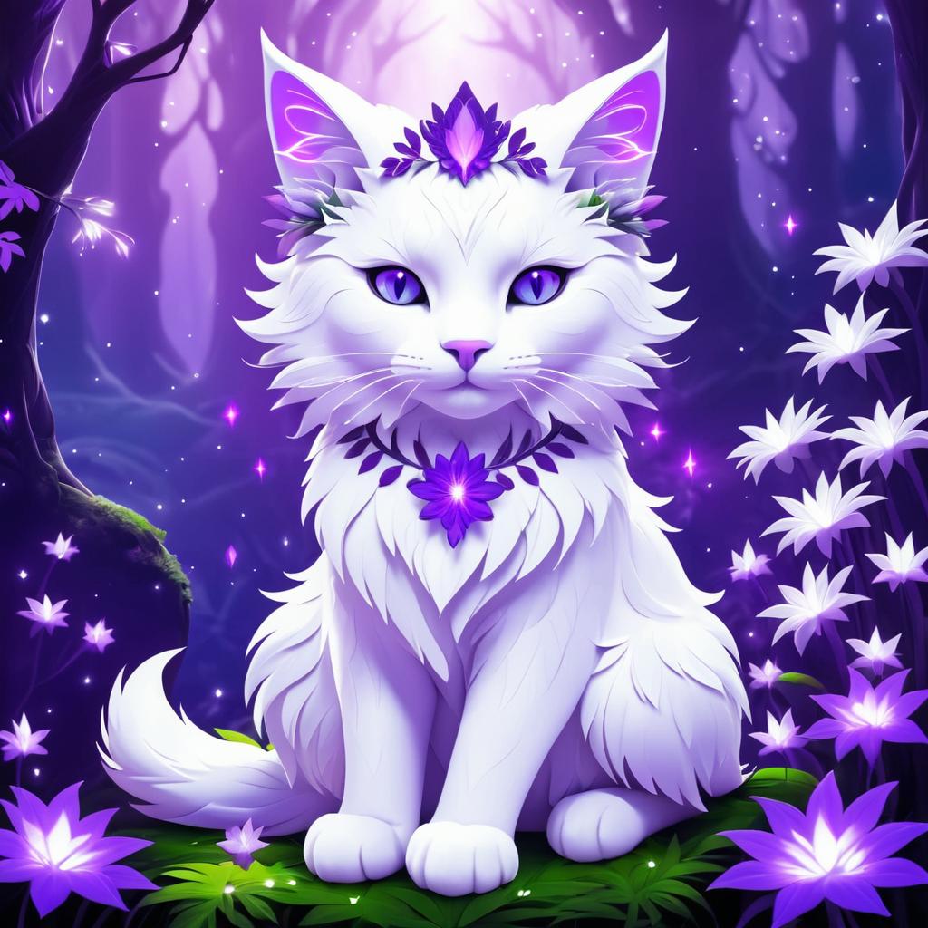 White Cat with Flower Crown in Fantasy Forest