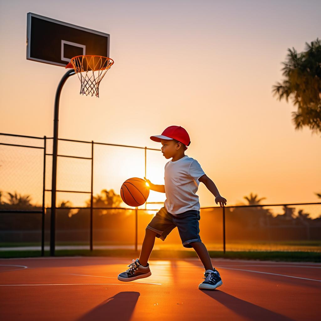 Child Playing Basketball at Sunset