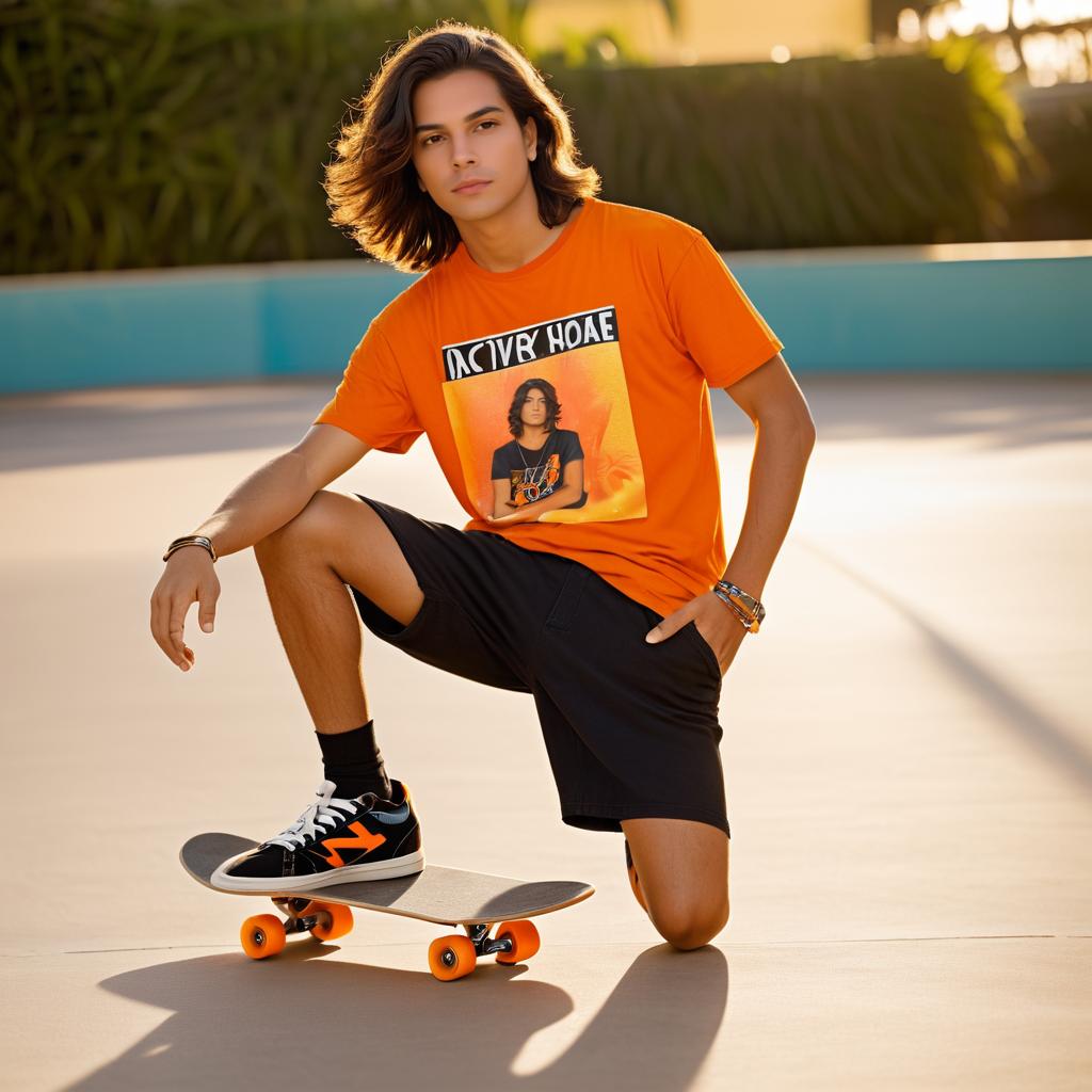 Stylish Hispanic Skateboarder in Vogue Shoot