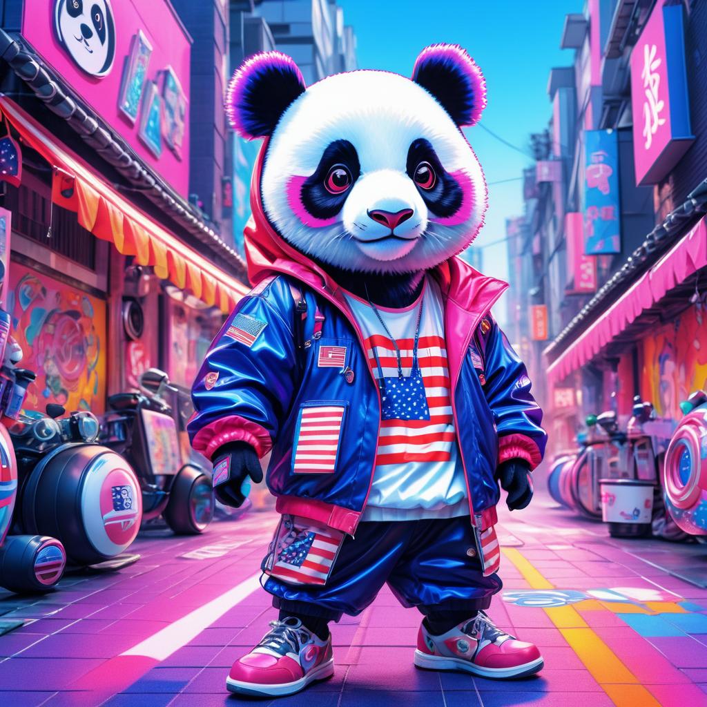 Vibrant Panda Festival in Cyberpunk Japan