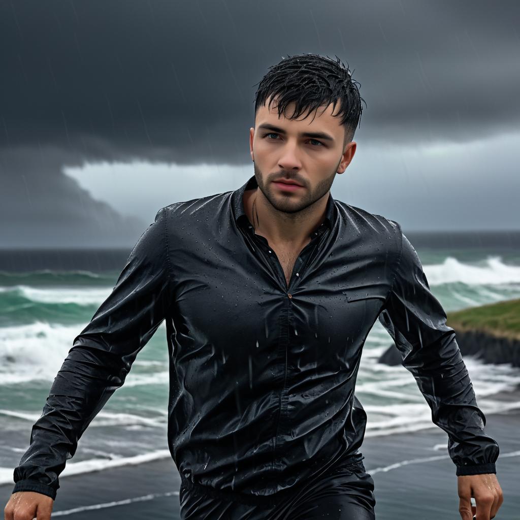 Joyful Breton Male in Rainy Coast Scene