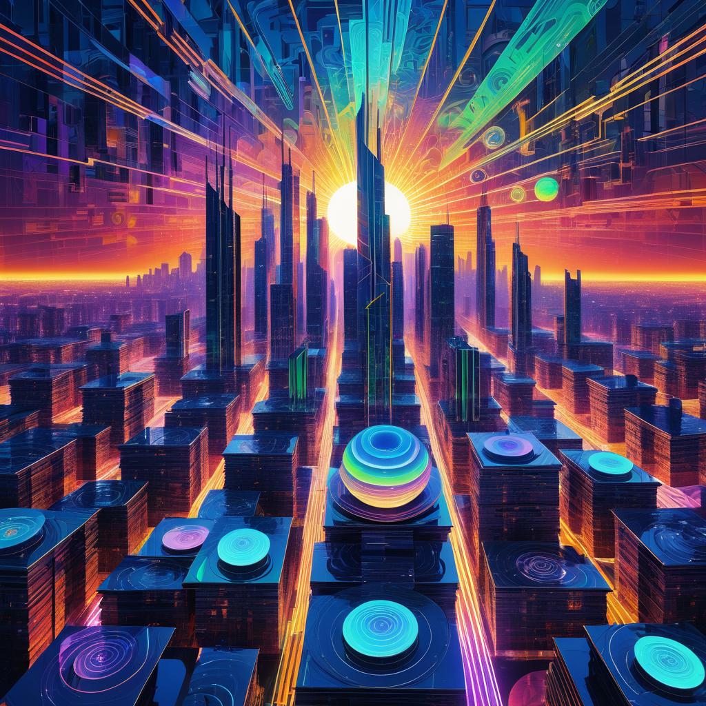 Futuristic Skyline With Eyes in Neon