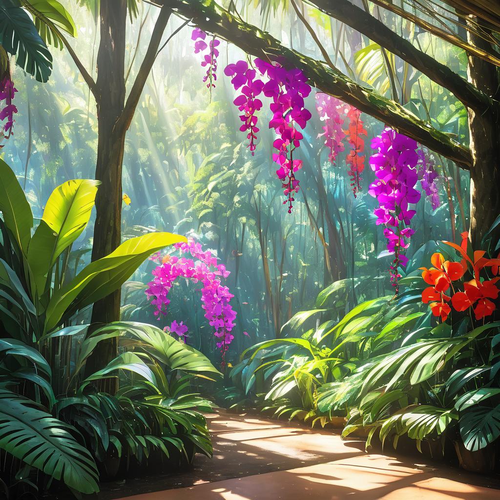 Vibrant Rainforest Canopy with Orchids