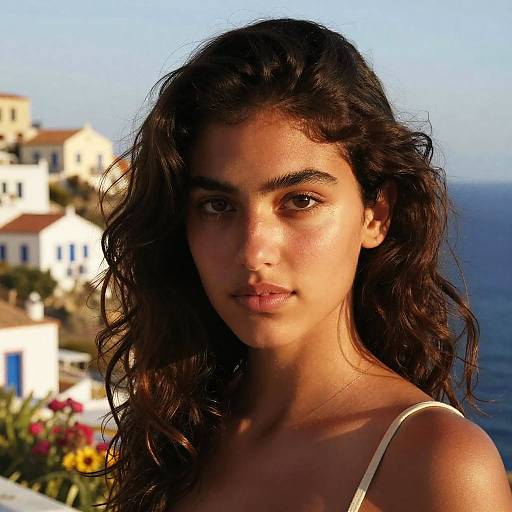 Photograph of a young woman with wavy dark hair, olive skin, and brown eyes, wearing a white spaghetti strap top, standing against a sun