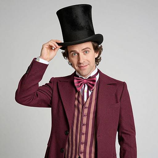 Photograph of a smiling man with curly brown hair, wearing a tall black top hat, maroon three-piece suit, striped vest, and red bow