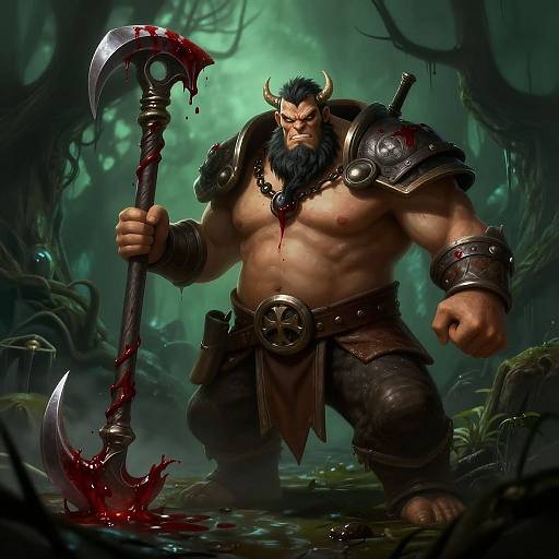 Digital art: Muscular, horned barbarian with black beard, blood-stained axe, armored shoulder plates, dark loincloth, standing in