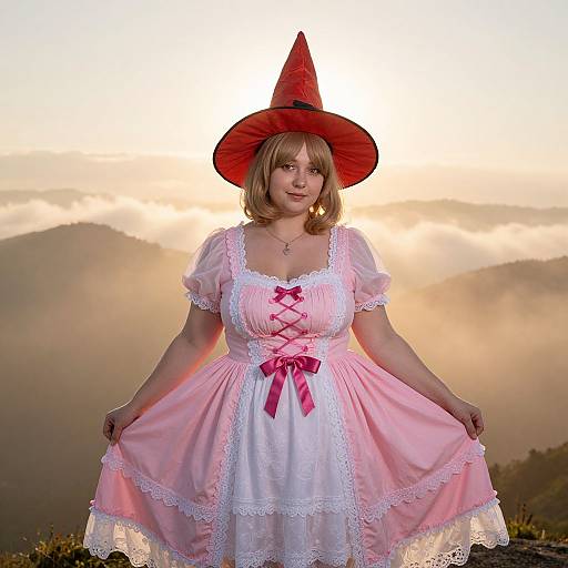 Photograph of a fair-skinned woman with short brown hair wearing a red witch hat, pink and white lace dress with pink ribbon, standing in a