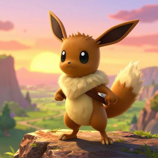 Digital art of Eevee, a cute, brown, fox-like Pokémon with large ears and a fluffy cream-colored neck, standing on a rock at
