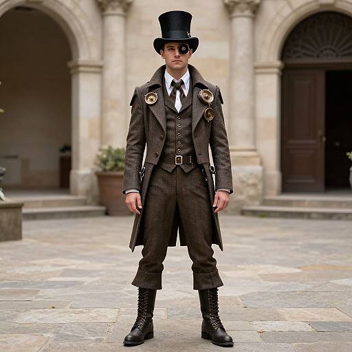 Photograph of a serious man in Victorian steampunk attire, including a black top hat, brown pinstripe suit, long coat, boots,