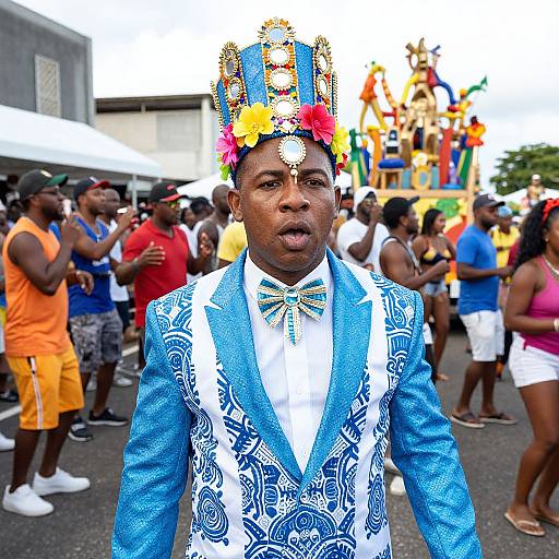 Photograph of a Black man in a vibrant blue and white patterned suit, colorful crown with flowers, standing in a crowded outdoor festival, surrounded by