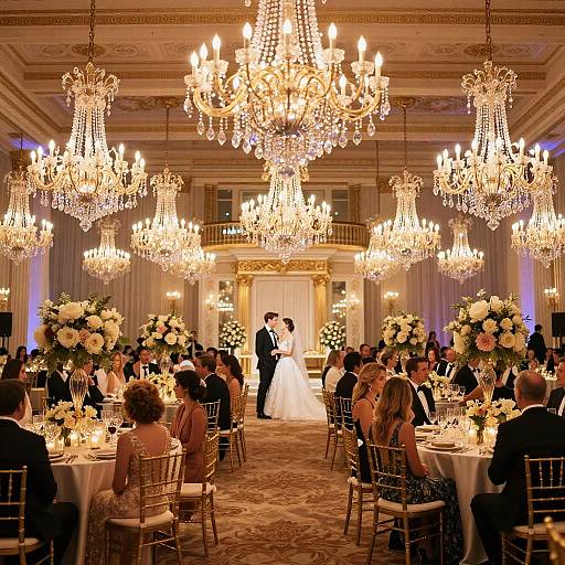 Photograph of an elegant wedding reception in a grand ballroom, featuring multiple crystal chandeliers, white floral centerpieces, and a bride and groom
