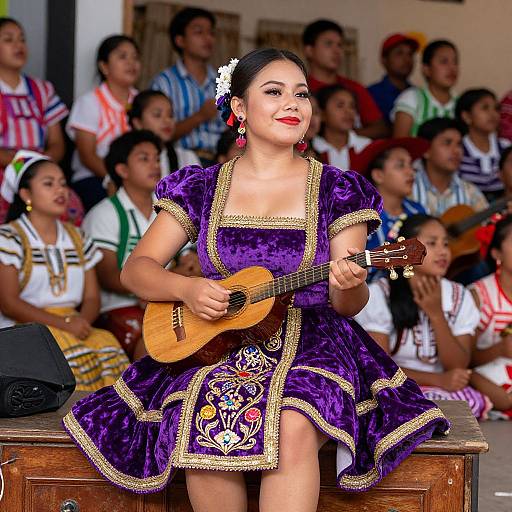 Photograph of a young Latina woman with dark hair, wearing a purple, velvet, traditional dress, playing a small guitar, seated on a wooden bench