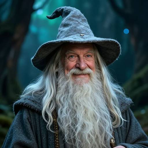 Photograph of an elderly, white-bearded wizard with a long white beard, wearing a gray, pointed hat and dark robe, in a mystical,