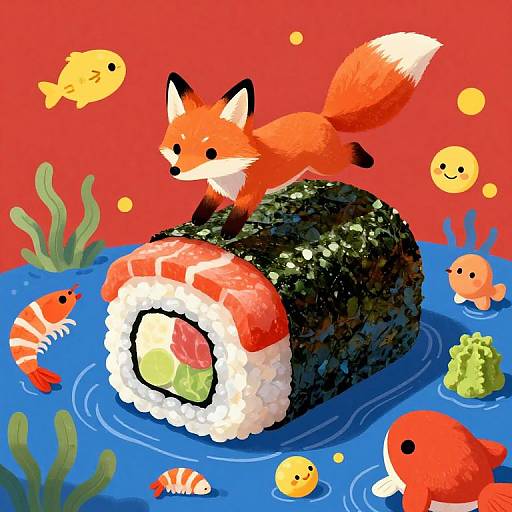 Digital illustration of a cute red fox standing on a seaweed-covered sushi roll in a vibrant blue ocean, surrounded by colorful fish and seaweed against a