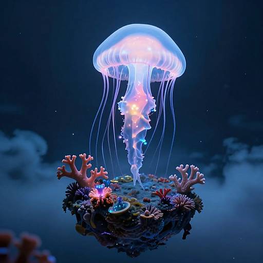 Photograph of a glowing blue jellyfish with long, translucent tentacles floating above a vibrant, underwater coral reef adorned with colorful corals and sea an