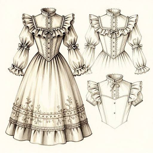 Detailed black-and-white digital drawing of a Victorian-style dress with puffed sleeves, ruffled collar, and floral embroidery on the skirt.