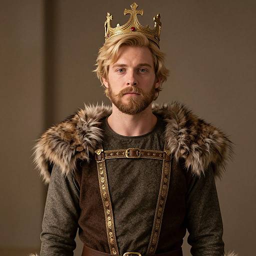 Photograph of a bearded man with blond hair, wearing a gold crown, fur-trimmed dark grey robe, and intense expression, against a