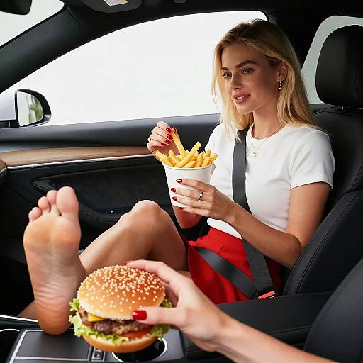 Blonde Woman in Car with Fries and Burger
