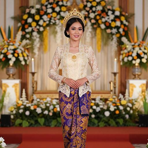 Photograph of a smiling Asian woman in traditional gold lace top and ornate purple batik pants, wearing a gold crown, standing in front of a