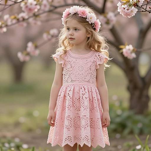 Young Girl in Pink Crochet Dress in Blossom Garden