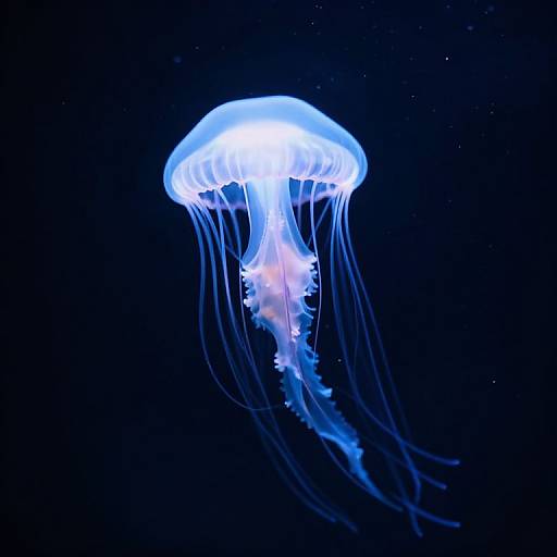 Photograph of a glowing blue jellyfish with translucent tentacles, floating against a dark blue, star-speckled background.