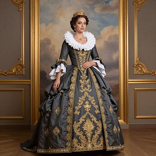 Photograph of a regal woman in an elaborate black and gold Baroque-style gown with white lace collar, gold embroidery, and a gold crown,