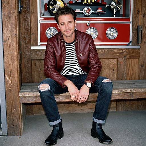 Photograph of a handsome man with short dark hair, wearing a red leather jacket, striped shirt, ripped jeans, and black boots, sitting on a
