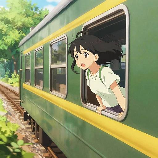 Anime Girl Leaning Out Green Train