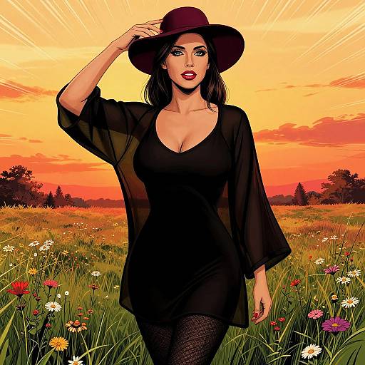 Digital illustration of a confident woman with black hair, wearing a wide-brimmed hat, black dress, and fishnet stockings, standing in a colorful