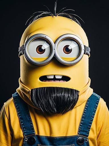 Photorealistic digital art of a yellow Minion with large round glasses, black beard, and mustache, wearing denim overalls, against a black