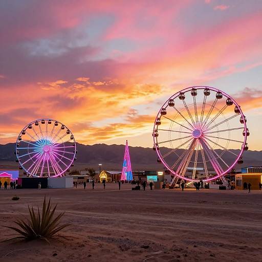 Photograph of a vibrant sunset at a desert fairground, featuring two illuminated Ferris wheels and colorful lights against a pink-orange sky.