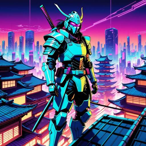Neon Armor Cyberpunk Samurai in City Neon Armor Cyberpunk Samurai in City