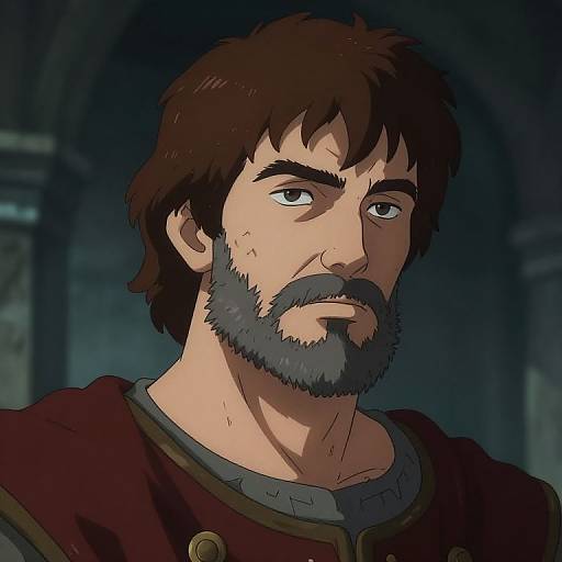 Digital anime-style portrait of a serious, bearded man with brown hair, blue eyes, and a maroon robe, set against a dark, blurred