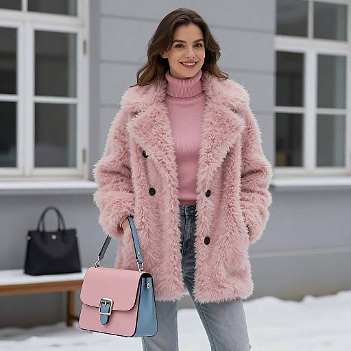 Smiling Woman in Fluffy Pink Coat