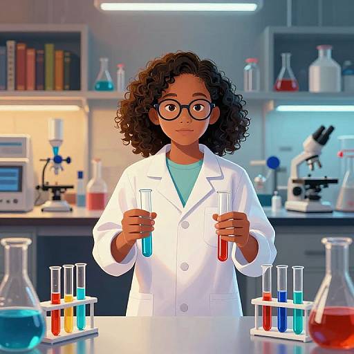 Curly-haired, dark-skinned girl with glasses in white lab coat holds two test tubes with colorful liquids in modern laboratory.
