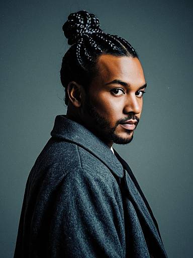 Portrait of Man with Braid Hair Bun and Coat