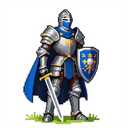 Pixel art of a medieval knight in silver armor with blue cape, holding sword and shield with golden crosses, standing on grass.