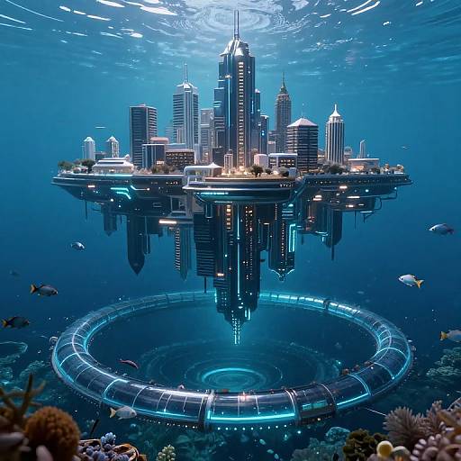 Photorealistic CGI: Futuristic underwater city with illuminated skyscrapers floating above a circular, glowing base, surrounded by coral reefs and fish.