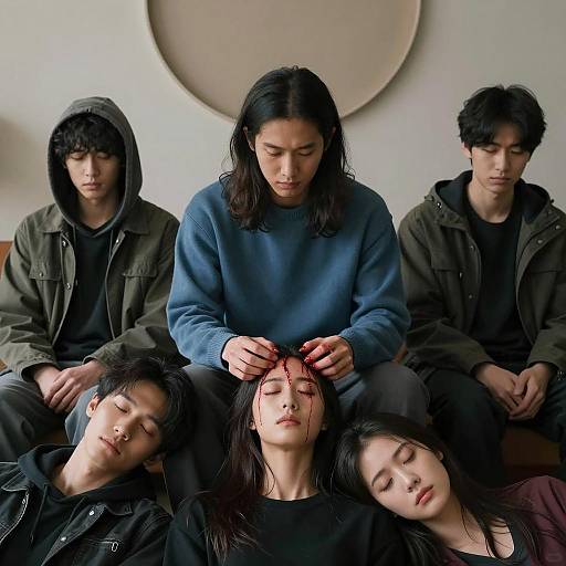 Man Tending to Bleeding Woman's Head in Group