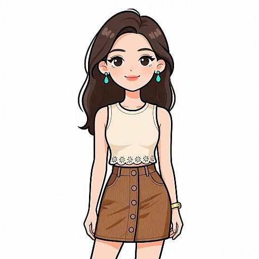 Digital illustration of a cute, smiling Asian woman with long black hair, wearing a white lace top and brown buttoned skirt, teal earrings, and bracelet
