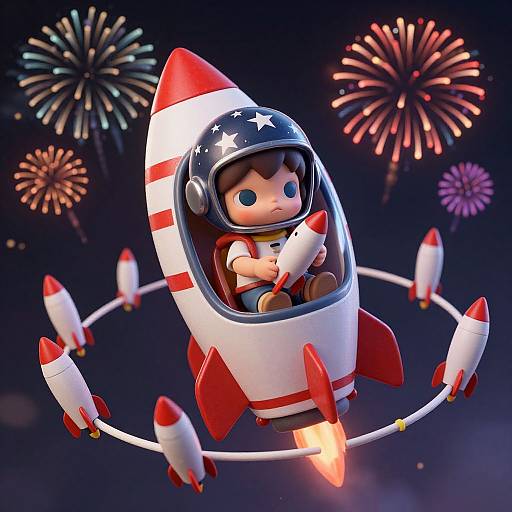 Chibi-style digital artwork of a cute child in a star-spangled helmet, flying a red-and-white rocket with fireworks in the night sky.