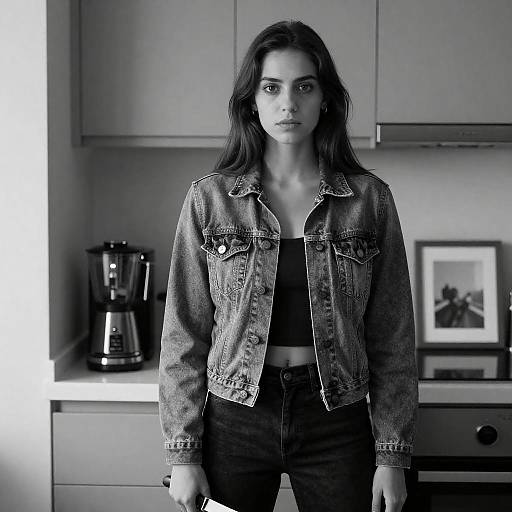 Serious Young Woman with Knife in Modern Kitchen
