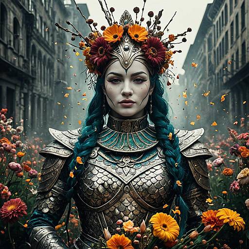 Warrior Woman in Art Deco Armor with Floral Crown