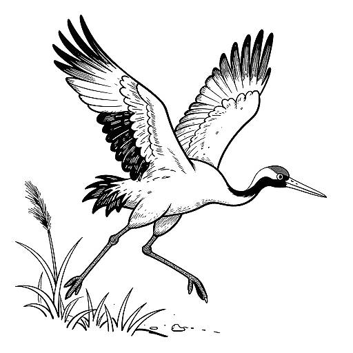 Edo Style Red-Crowned Crane Line Art