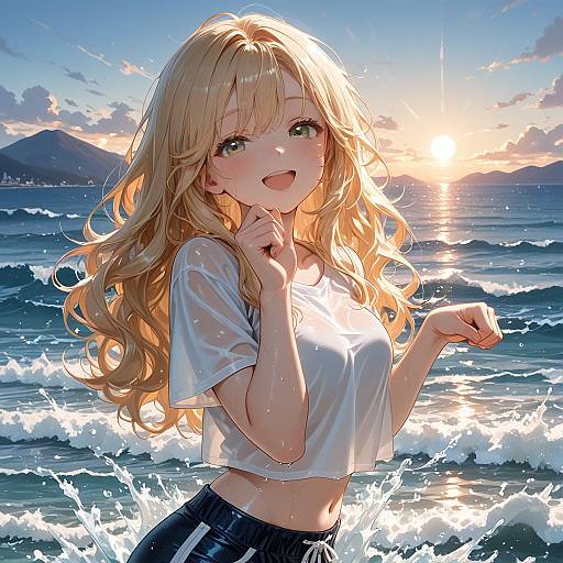 Joyful Girl Splashing in Ocean Waves