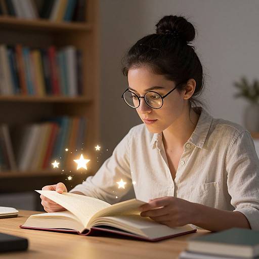 Photograph of a young woman with dark hair in a bun, wearing glasses and a white button-up shirt, reading an illuminated book with glowing stars,