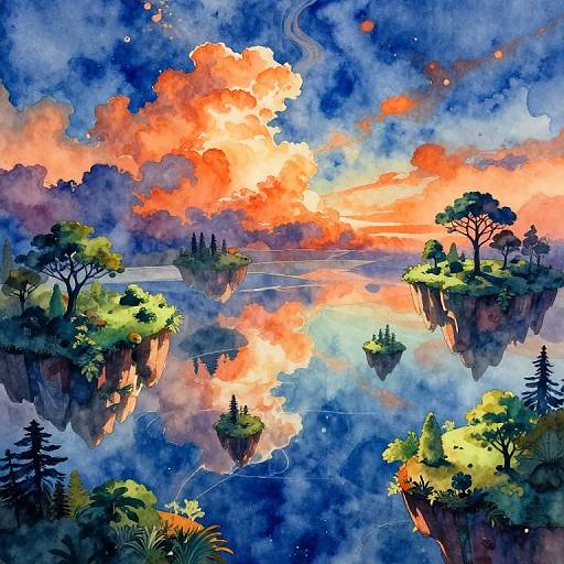 Watercolor painting of floating islands with lush greenery, reflecting vibrant orange and blue sunset skies, surrounded by misty atmosphere and scattered stars.