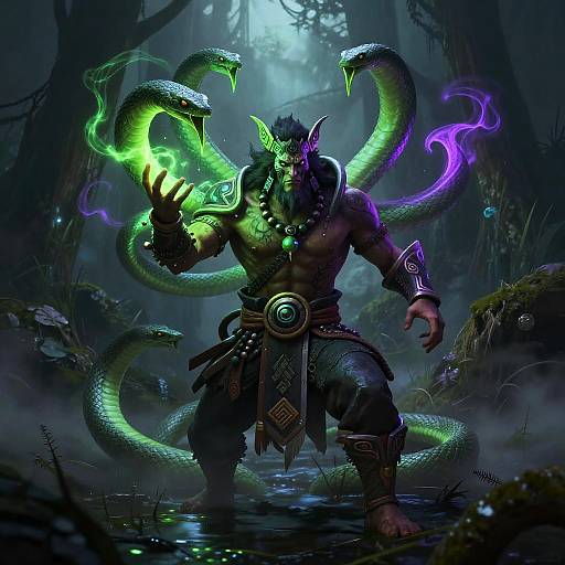 Digital fantasy artwork of a muscular, horned, dark-skinned warrior with glowing green and purple snake-like tentacles, standing in a dark, mist